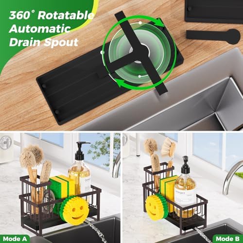 Sponge Holder for Kitchen Sink,Sink Caddy with Removable Dish Brush Holder,Self-Draining Kitchen Countertop Organizers and Storage Essentials,Soap Dispenser Organize and Home Decor-Bronze