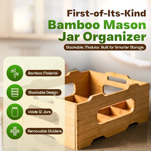 Mason Jar Organizer - Stackable Storage Holder Rack Caddy for 16oz Jars, Holds 12 Jars with Dividers, Kitchen Pantry Spice Canning Essentials for Countertop Shelves