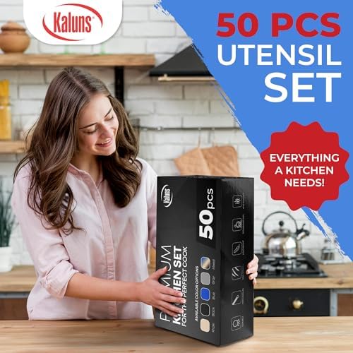 Kaluns 50 PCS Silicone Kitchen Utensils Set Complete Kitchen Set - 800°F Heat Resistant Non-Stick Premium Silicone Cooking Utensils W Wooden Handles - Can Opener, Masher, Turner, Silicone Spatula Set