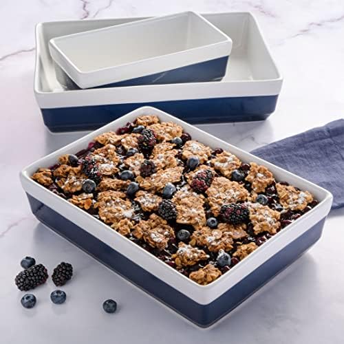 MARTHA STEWART 3-Piece Oven to Table Stoneware Bakeware Set – Baking Dish & Casserole Set – Cobalt Blue – Durable Oven-Safe Bakeware for Baking and Serving