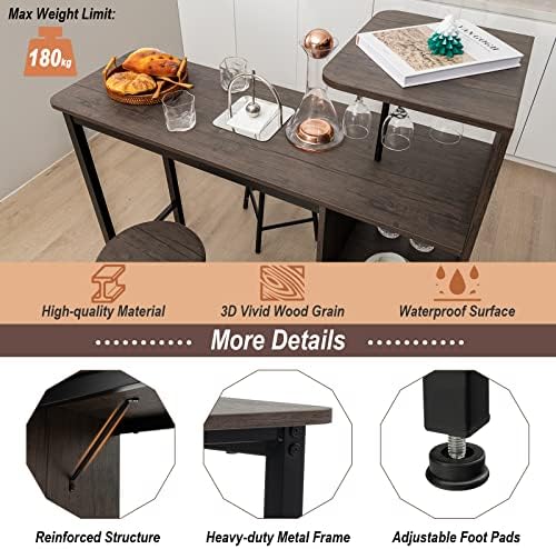 COSTWAY 3 Pieces Bar Table and Chair Set, Industrial Pub Table & Stools with Wine Glass Holders & 6-Bottle Wine Racks, Counter Height Dining Table Set for Living Room Dining Room Kitchen, Brown