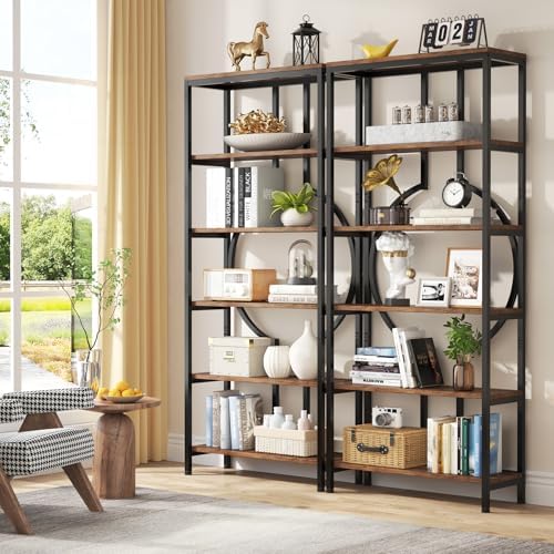 Tribesigns 70.9 Inch Industrial Bookshelf, 6-Tier Tall Etagere Bookcase with Open Shelves, Metal Decorative Book Shelf Storage Shelving Unit for Living Room and Home Office, Rustic Brown