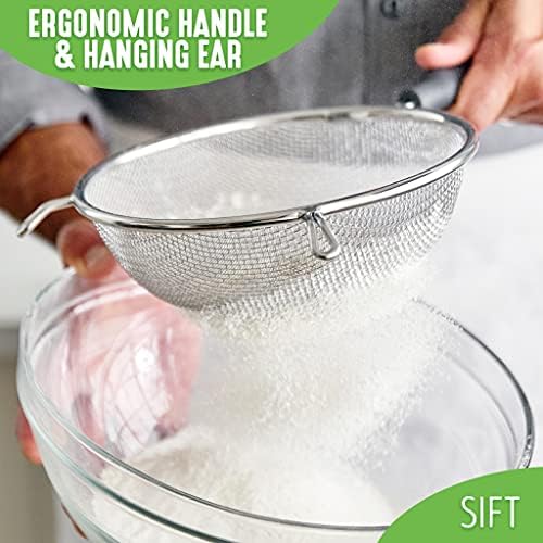 GreenLife Cooking Tools and Utensils, 4 Piece Extra Fine Stainless Steel Mesh Strainer Kitchen Set, Stay Cool Handles, Dishwasher Safe, BPA-Free, Grey