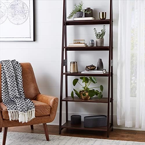 Amazon Basics 5-Tier Ladder Bookshelf Storage Organizer, Tall Bookcase for Small Space, Solid Rubberwood Frame, Modern Display Shelf, Espresso Finish, 14" D x 24.8" W x 70.1" H