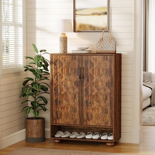 Tribesigns Shoe Cabinet for Entryway, Farmhouse Tall Shoe Cabinet with Doors and Adjustable Shelves, Solid Wood Shoes Storage for Hallway, Foyer, Living Room, Walnut