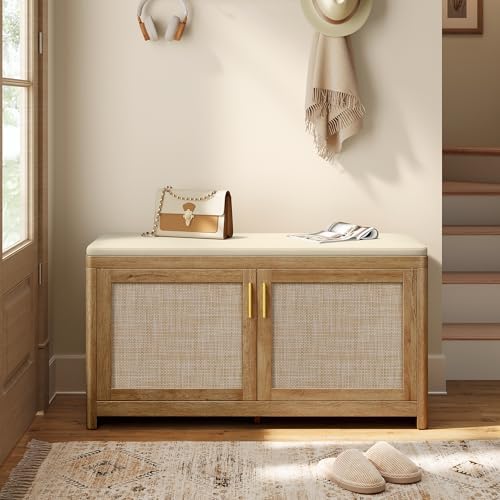 VASAGLE Boho Shoe Bench with Cushion, 2 Rattan-Look Cabinet Doors