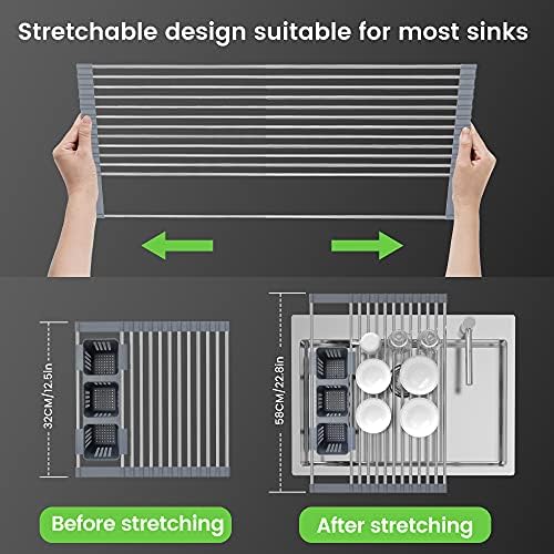 BBXTYLY Expandable Roll Up Dish Drying Rack Up to 22.8''with 2 Storage Baskets,Over The Sink Kitchen Rolling up Dish Drainer Drying Rack, Foldable,Rollable,for Kitchen Dishes(Expandable Width Size)