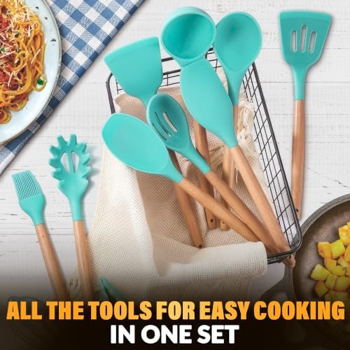 Teal Kitchen Utensils Set with Holder, 12 Pcs, Wooden Handle