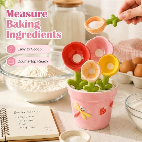 Cute Flower Ceramic Measuring Spoons Set with Base, Kitchen Decorate Gifts