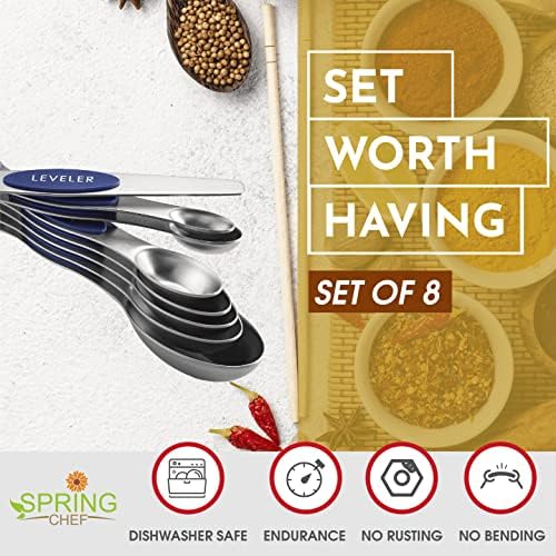 Spring Chef 8 Magnetic Measuring Spoons Set for Baking & Cooking, Sapphire