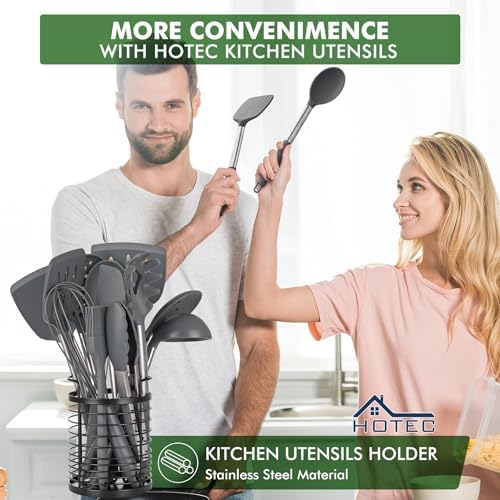 HOTEC Silicone Kitchen Cooking Utensils Set,14pcs Grey