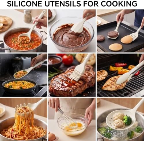 Silicone Cooking Utensils Set - 600°F Heat Resistant, Nonstick Kitchen Utensil Set with Spatulas, Spoons, Whisk, Tongs, BPA Free, Dishwasher Safe, Cream White