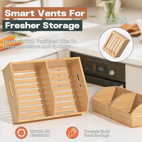 Potato and Onion Storage Bin, Stackable Pantry Organizers for Kitchen Countertop, Ventilated Bamboo Storage Baskets with Handles, Multipurpose Organization Containers for Fruit, Vegetable, 3 Pack