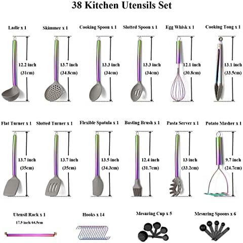 HOMQUEN 38 Piece Silicone Kitchen Cooking Utensils Set with Utensil Rack, Silicone Head and Stainless Steel Handle Cookware, Rainbow Handle with Silicone Head