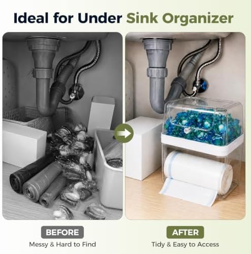 Trash Bag Dispenser & Dishwasher Pod Holder, 3-in-1 Trash Bag Holder Laundry Pods Container with Moisture-Proof Lid, Acrylic Garbage Bag Dispenser for Under Sink Organizer Laundry Room Organization
