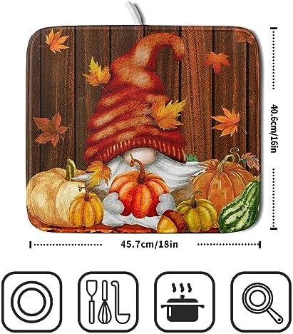 Fall Gnome Dish Drying Mat for Kitchen Counter,Autumn Pumpkin Maple Leaves Drying Mat 16 x 18 Inch Microfiber Dark Brown Wood Dish Drying Pad Dish Rack Drainer Mat Thanksgiving Day Decor