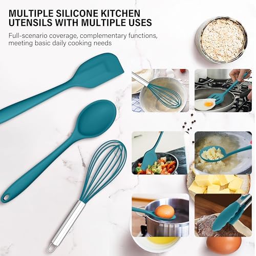HaWare 11 PCS Silicone Cooking Utensils Set, Heat Resistant Kitchen Utensils with Holder, Food-grade Spatula Sets for Nonstick Cookware, Kitchen Tools Gadgets Include Fish Turner, Spoon (Blue)