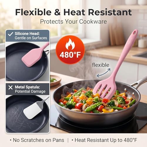 Vayvnt Cooking Utensils Set, 10PCS Non Toxic Silicone Set for Kitchen, Pink
