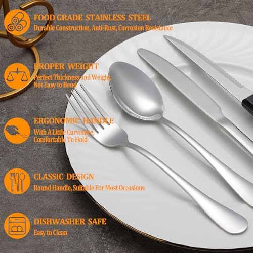 72 Pcs Silverware Set with Steak Knives for 12, Stainless Steel Flatware Set, Mirror Polished Cutlery Utensil Sets, Home Kitchen Eating Tableware Sets, Dishwasher Safe