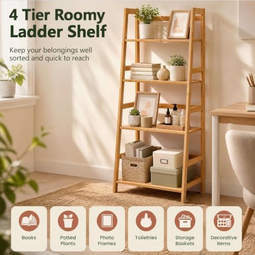 COSTWAY 44" Bamboo Ladder Shelf, Multifunctional Plant Flower Display Stand