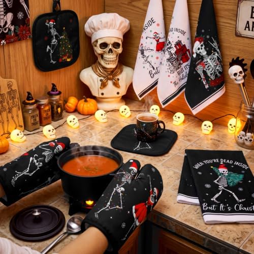 Fanfanwin 10 Pcs Christmas Skeleton Kitchen Decor and Accessories Set Kitchen Towels Pot Holders Oven Mitts Rugs and Tape for Baking Cooking BBQ Festive Housewarming Gifts
