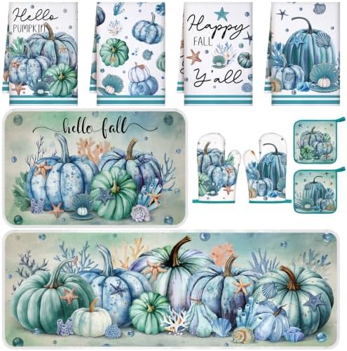 Fanfanwin 10 Pcs Fall Pumpkin Kitchen Decor Set Kitchen Towels Pot Holders Oven Mitts and Rugs Set Thanksgiving Towels for Baking Cooking BBQ Autumn Home(Ocean Pumpkin,Navy Blue,10)