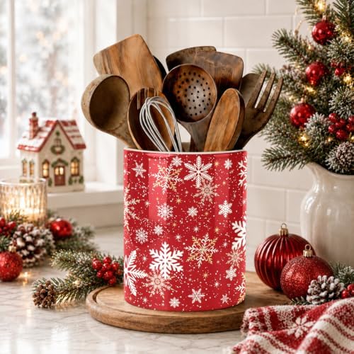Christmas Snowflake Red Kitchen Utensil Holder, Xmas Winter Large Ceramic Utensil Holder For Countertop Organizer, 6.3'' Cooking Utensil Crocks Festivel Decor Utensil Storage Cup for Kitchen