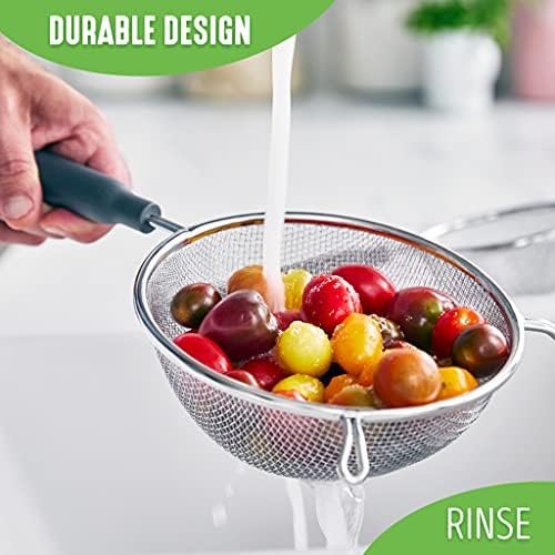 GreenLife Cooking Tools and Utensils, 4 Piece Extra Fine Stainless Steel Mesh Strainer Kitchen Set, Stay Cool Handles, Dishwasher Safe, BPA-Free, Grey