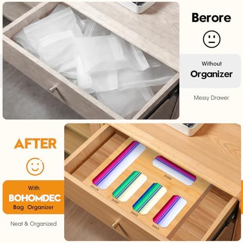 Bamboo Ziplock Bag Organizer for Kitchen Drawer, Food Storage Baggie Holder with 24 Label Stickers, Fits Gallon Quart Sandwich Snack Freezer & Slider Bags, No Assembly, Wall Mount or Drawer