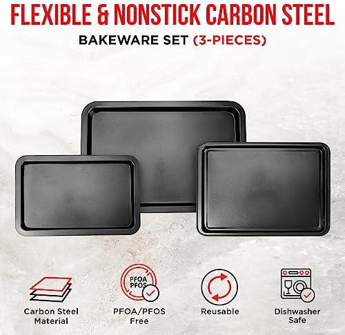 3 Piece Set Nonstick Carbon Steel Oven Bakeware -Professional Quality Kitchen Cooking Baking Trays -PFOA, PFOS, PTFE-Free Small, Medium & Large Baking Sheet Pans