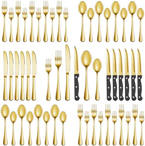 72 Pcs Gold Silverware Set with Steak Knives, Stainless Steel Flatware Cutlery Set for 12, Kitchen Tableware Sets, Utensil Sets for Home and Restaurant, Dishwasher Safe