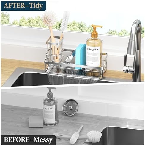 Consumest Sponge Holder for Kitchen Sink - Sink Caddy with Stainless Steel Self Drain Tray, Sink Organizer with High Brush Holder Countertop for Kitchen Sink Accessories, Silver