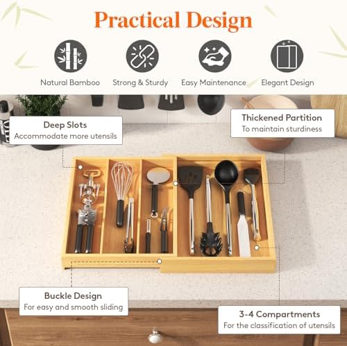 Lifewit Bamboo Utensil Organizer for Kitchen Drawer, Cooking Utensil Tray