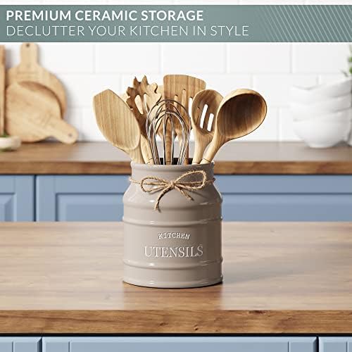 Barnyard Designs Ceramic Kitchen Utensil Holder Countertop 6.75″ (Taupe)
