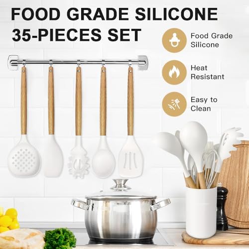 Cooking Utensils Set- 35 PCs Kitchen Utensils with Grater,Tongs, Spoon Spatula &Turner Made of Heat Resistant Food Grade Silicone and Wooden Handles Kitchen Gadgets Tools Set for Cookware