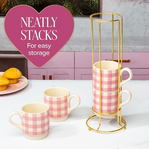 Paris Hilton Stackable Coffee Mug Set with Gold-Tone Rack, Gingham Ceramic Stoneware Cups for Coffee, Tea & Latte, Microwave & Dishwasher Safe, 4-Piece, 10-Ounce, Pink