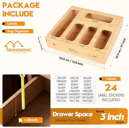 Bamboo Ziplock Bag Organizer for Kitchen Drawer, Food Storage Baggie Holder with 24 Label Stickers, Fits Gallon Quart Sandwich Snack Freezer & Slider Bags, No Assembly, Wall Mount or Drawer