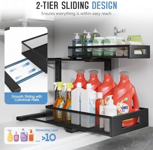 1 Pack-11.4"-16.14"H Under Sink Storage Organizer, Large 2-Tier Elegant Mesh Pull Out Shelf for Kitchen and Bathroom Cabinet Organization, L-Shaped and Adjustable Height Design for Maximum Space-Black