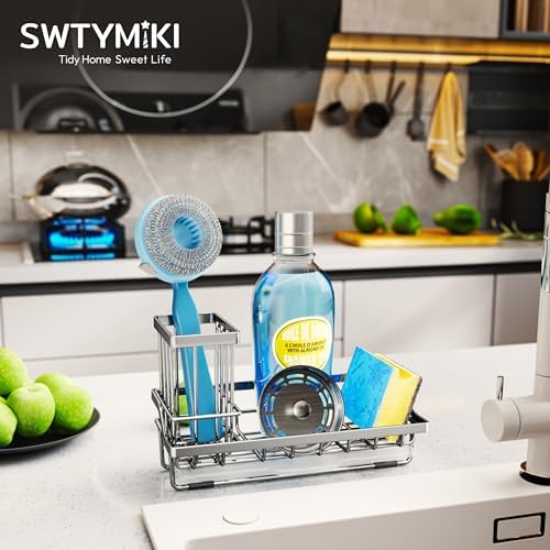 SWTYMIKI Kitchen Sink Caddy Sponge Holder, Kitchen Sink Organzier and Storage with High Brush Holder and Drip Tray for Dish Sponges, Silver