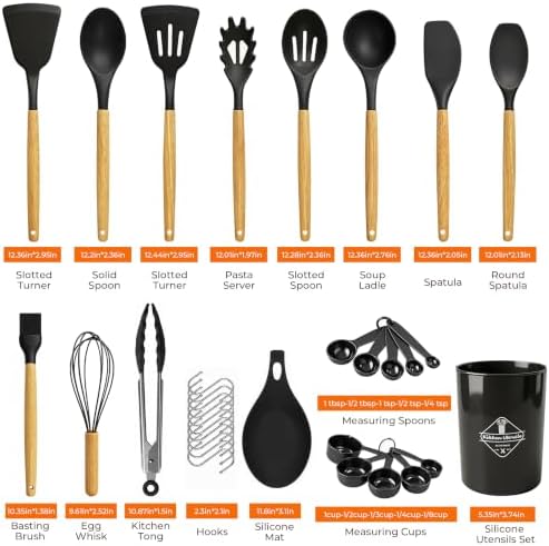 33 Pcs Silicone Kitchen Cooking Utensils Set, Wood Handle & Holder
