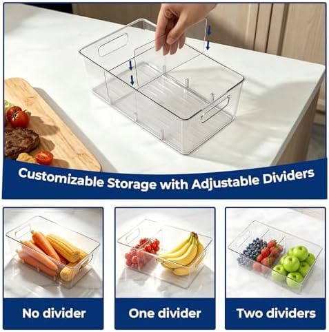 8 Pack Refrigerator Organizer Bins, Clear Storage Bins with 3 Removable Dividers and Handles, Pantry, Freezer, Kitchen Cabinet Organization, Plastic Fridge Organizer for Fruits, Vegetables, Drinks