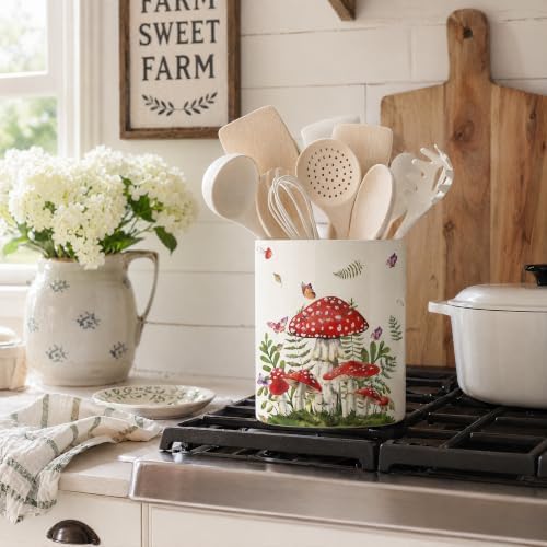 Mushroom Ceramic Utensil Crock, Hand-Painted Forest Mushroom Kitchen Utensil Holder, Farmhouse Countertop Storage Caddy, Kitchen Decor Organizer for Spatulas, Baking Tools & Multi-Room Display