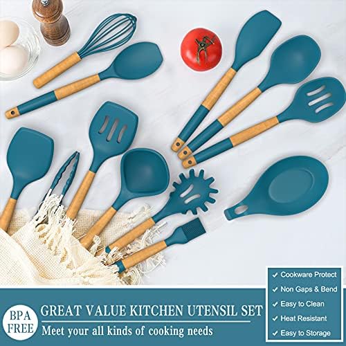 33 PCS Silicone Kitchen Utensils Set, Umite Chef Heat Resistant Cooking Utensils Set With Holder, Wooden Handle Kitchen Gadgets Tools Spatula for Nonstick Cookware