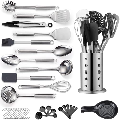 Kitchen Utensils Set, 39 Pieces Stainless Steel Cooking Utensils Set, Spoon Spatula Set with Sturdy Stainless Steel Utensil Holder, Dishwasher Safe