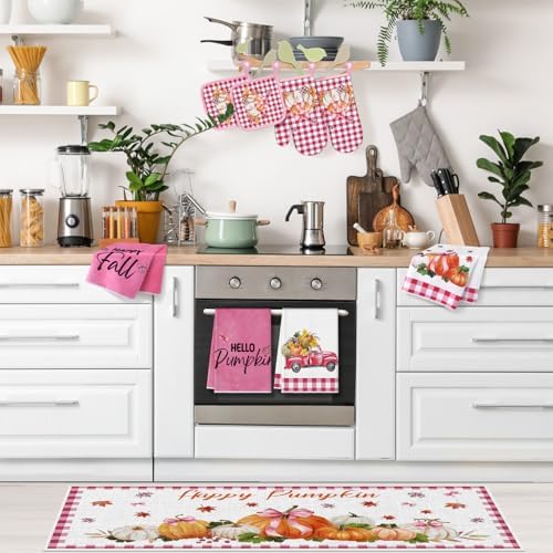 Fanfanwin 10 Pcs Fall Thanksgiving Pumpkin Kitchen Decor Set Pink