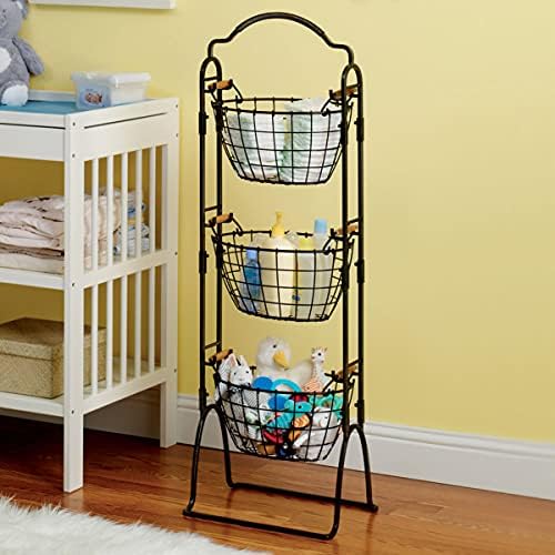 Gourmet Basics by Mikasa 5184916 Harbor Adjustable 3-Tier Metal Floor Standing Fruit/Home Storage Basket, Antique/Distressed Black and Copper