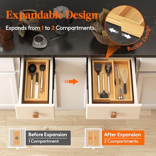 Lifewit Bamboo Utensil Organizer for Kitchen Drawer, Cooking Utensil Tray