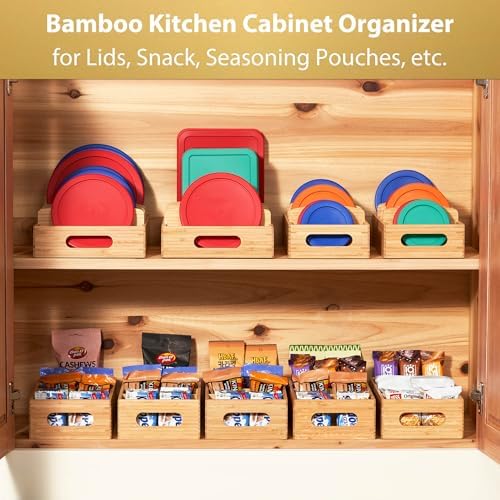 Umilife Bamboo Food Container Lid Organizer for Kitchen Cabinet and Drawer