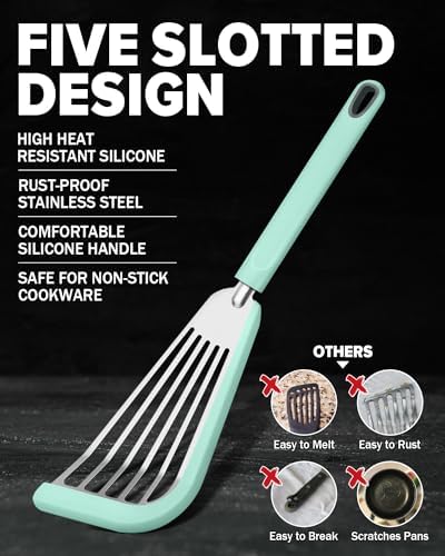 Fish Spatula Turner,Thin Slotted,Stainless Steel With Silicone Edge,2 Pack