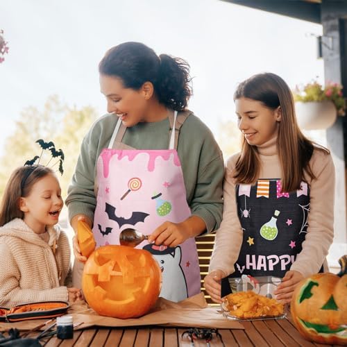 Whaline 4Pcs Halloween Aprons Pink Black Cute Ghost Happy Boo Day Adjustable Kitchen Cooking Aprons for Halloween Birthday Baby Shower Home Party Supplies
